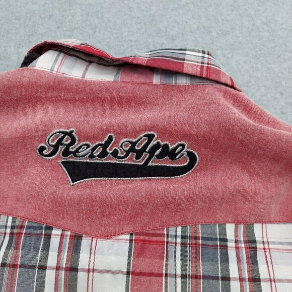 Red Ape Mens Red Plaid Collared Long Sleeve Button Up Shirt  Large - Picture 14 of 14